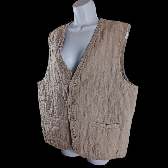 Vtg Adirondack L Quilted Linen Vest Tan Neutral Outdoorsy Fall Cottagecore Layer - Picture 3 of 8